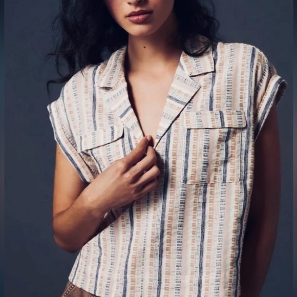 By Anthropologie Cropped Stripes Utility Pull-over Top Size XS - Picture 5 of 8